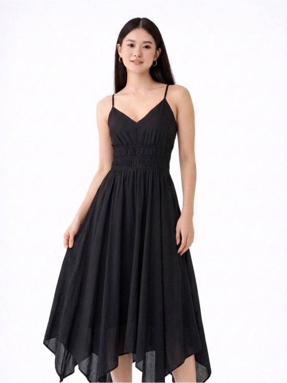 Smocked Waist Black Asymmetrical Slip Dress
